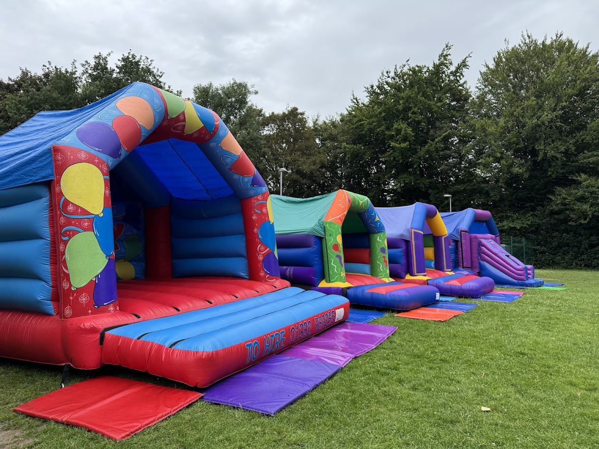 Four colourful bouncy castles available to hire from Rich Fox Party Hire