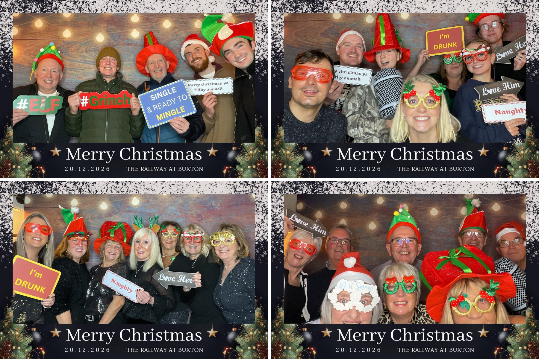 Guests enjoying Christmas party photobooth hire with festive props, group photos and personalised Christmas photo overlays.