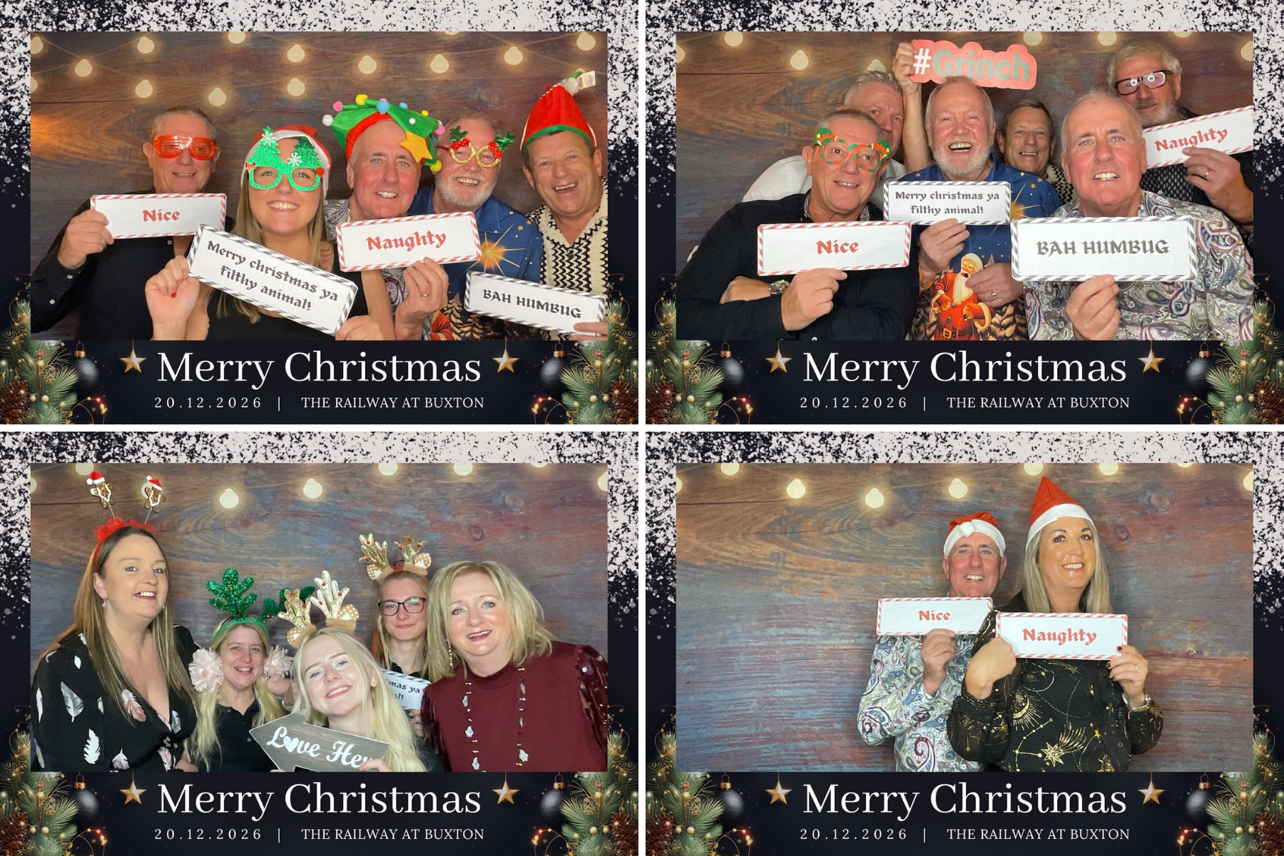 Guests enjoying Christmas party photobooth hire with festive props, group photos and personalised Christmas photo overlays